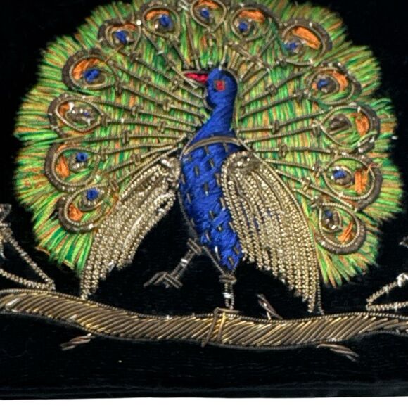 Vintage Black Velvet Peacock Evening Clutch Purse Zardozi Hand Embroidery - Picture 3 of 13